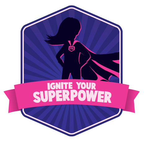 An emblem featuring a silhouette of a superhero with a cape against a purple background. A pink banner across the bottom reads "IGNITE YOUR SUPERPOWER" in bold white letters. The superhero's chest has a small "IYS" emblem.